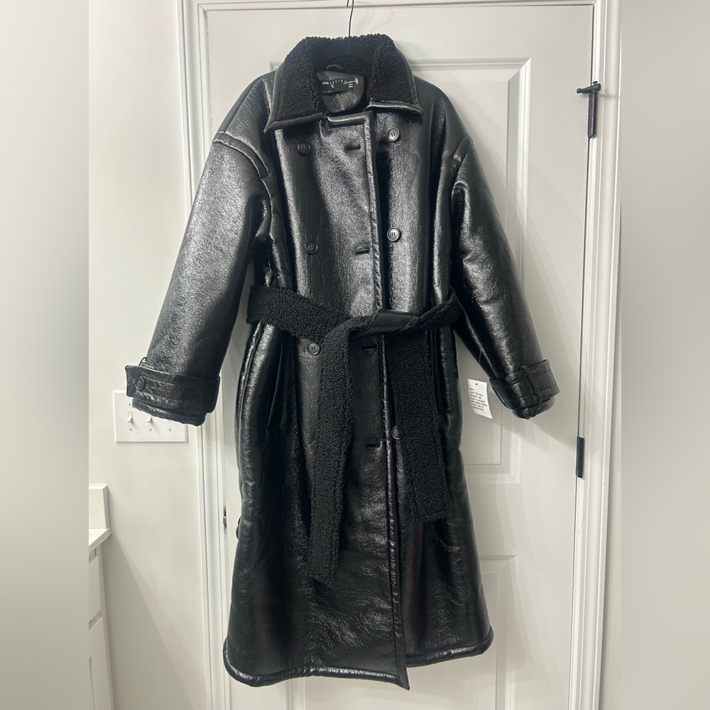 Women ASOS DESIGN oversized borg bonded and vinyl trench coat in black